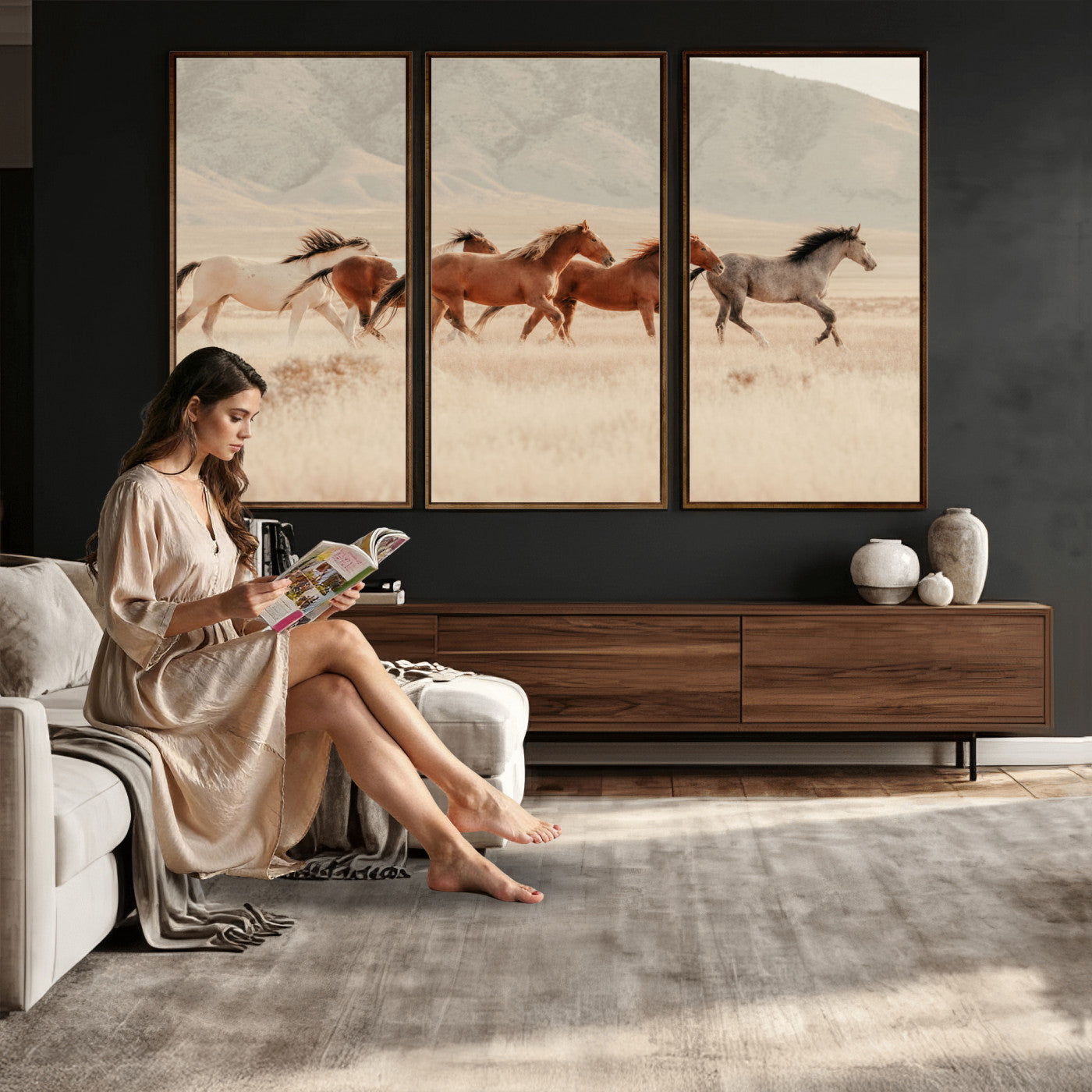 43348446-MGV-CV-36X24 - Herd of Wild Horses Running in Desert Mountain Wall Art Canvas Print - Boho Western Landscape