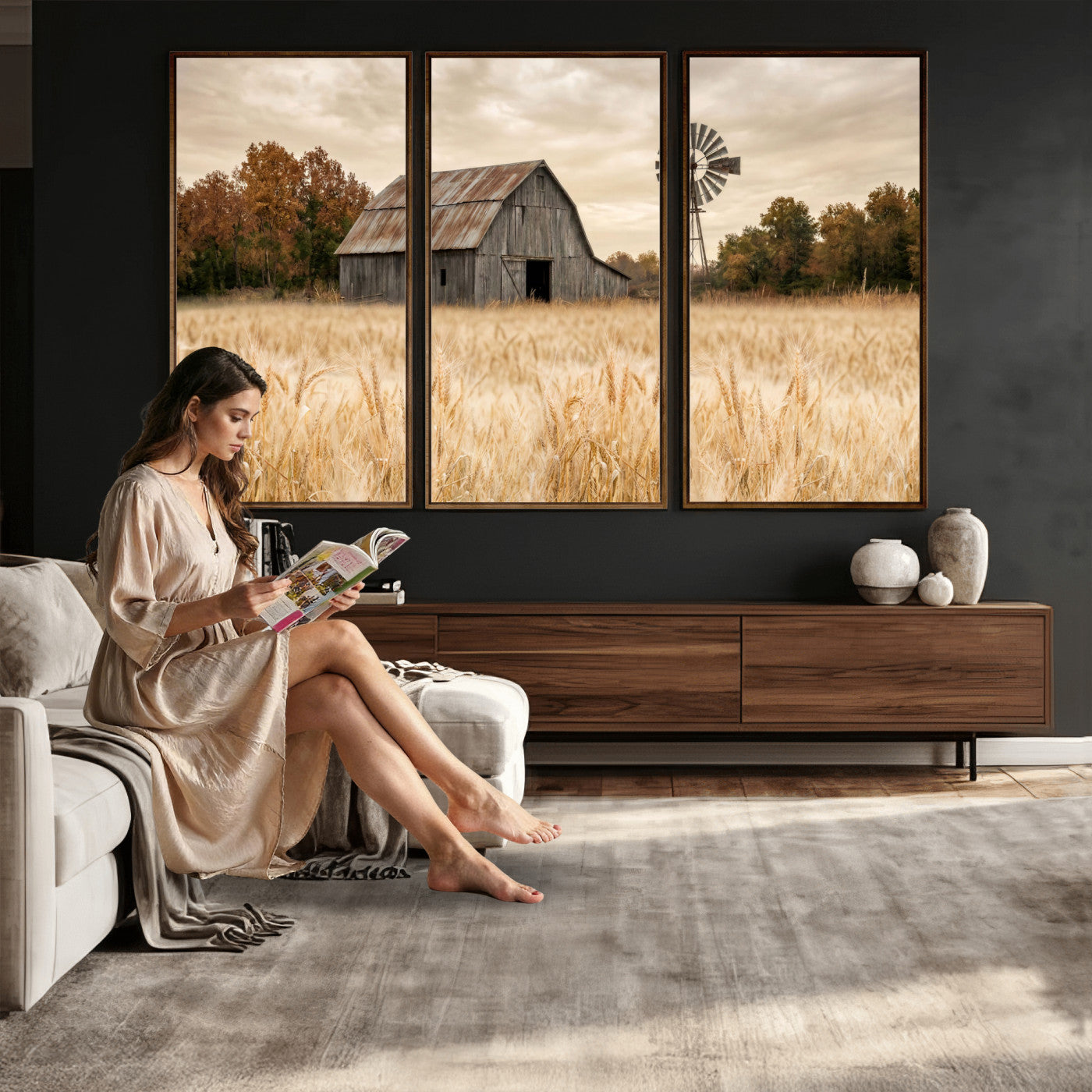99640659-MGV-CV-36X24 - Rustic Farmhouse Barn and Windmill Wall Art Canvas Print, Country Landscape Photography Print