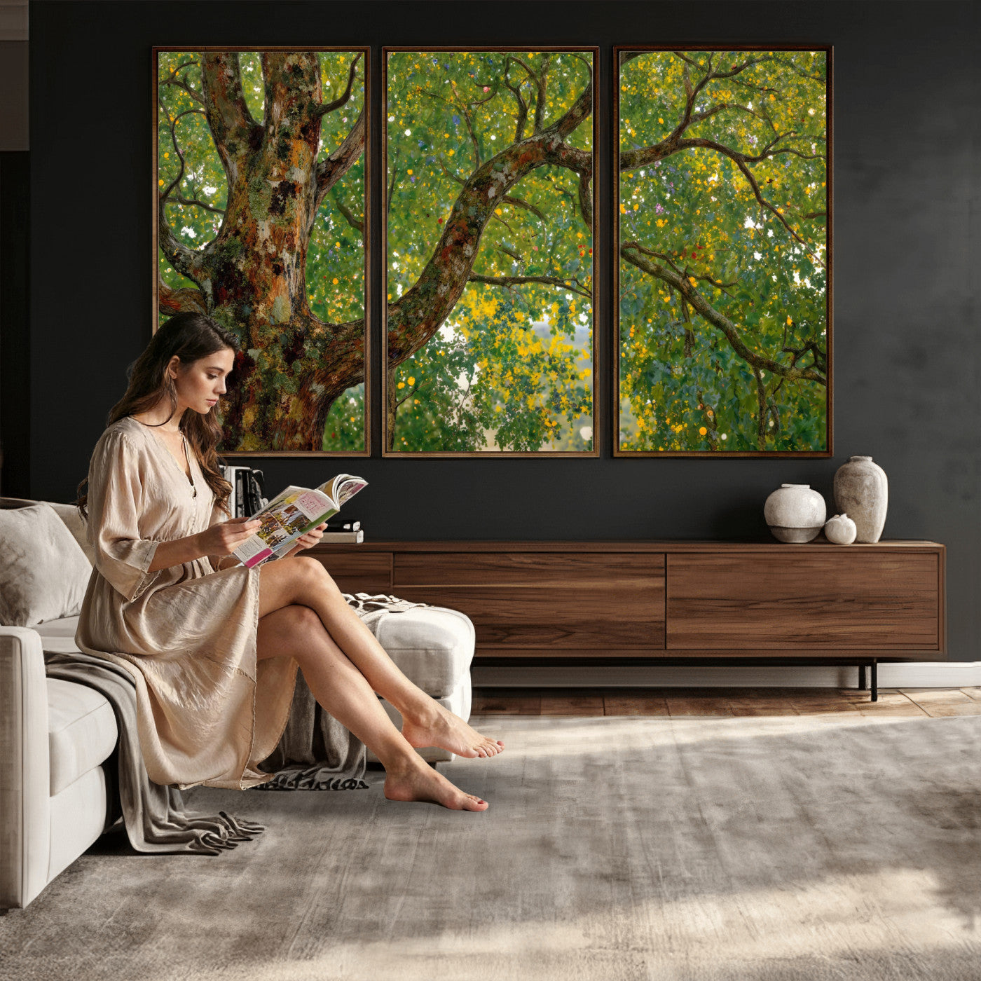23663535-MGV-CV-36X24 - Vintage Summer Forest Green Tree Wall Art Canvas Print, Lush Leaves Impressionist Painting Print