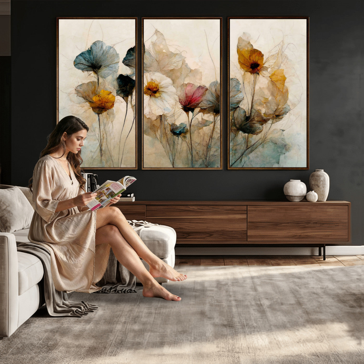 86802229-MGV-CV-36X24 - Vintage Dried Floral Meadow Wall Art Canvas Print, Translucent Watercolor Flowers Painting Print