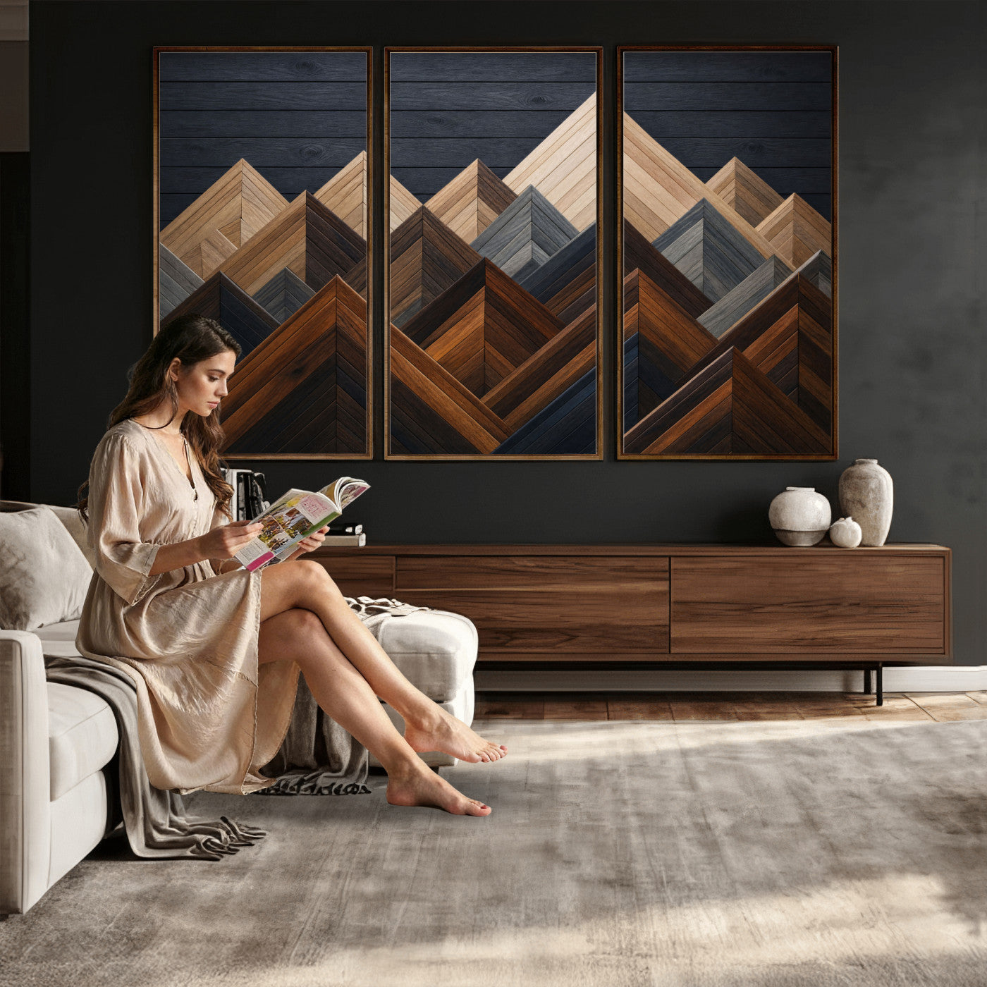70531117-MGV-CV-36X24 - Geometric Wood Mountain Wall Art Canvas Print, 3D Look Rustic Mosaic Landscape Print