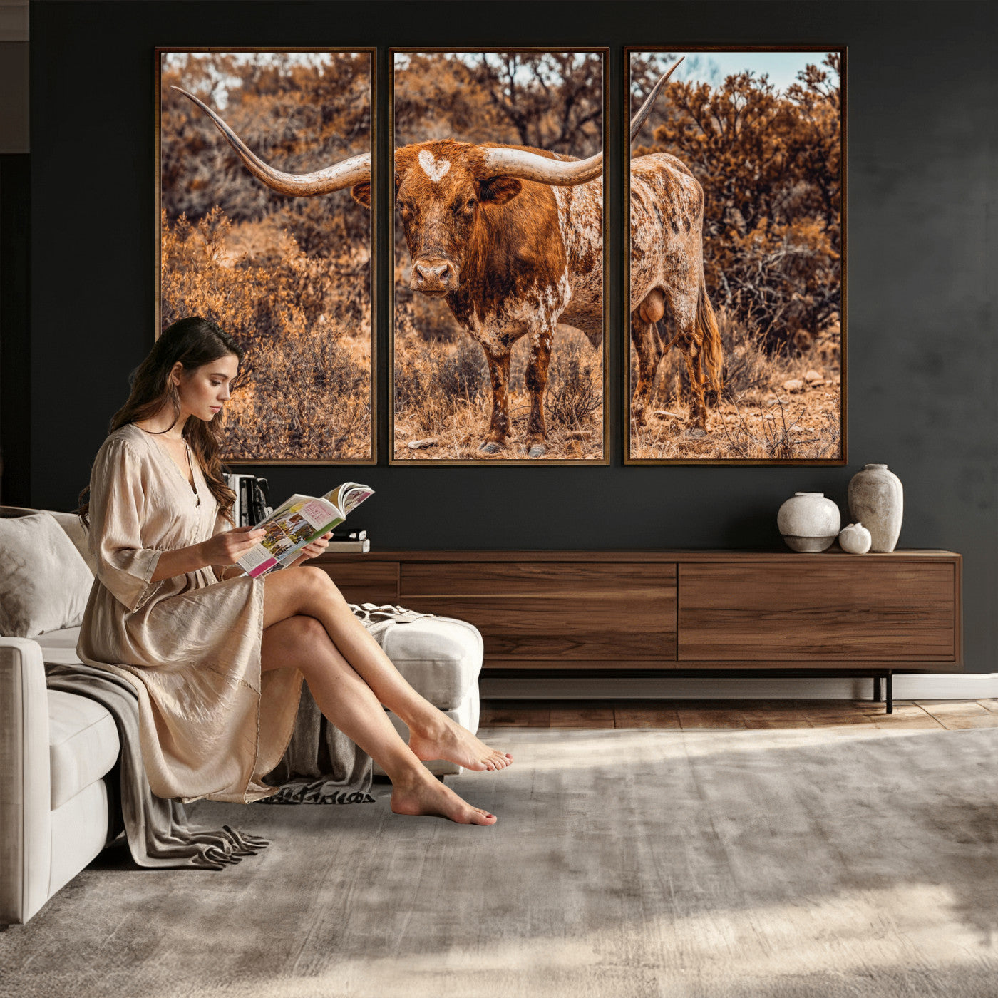 62076449-MGV-CV-36X24 - Texas Cow Bull Longhorn Print for Western Wall Art Decor for Farmhouse