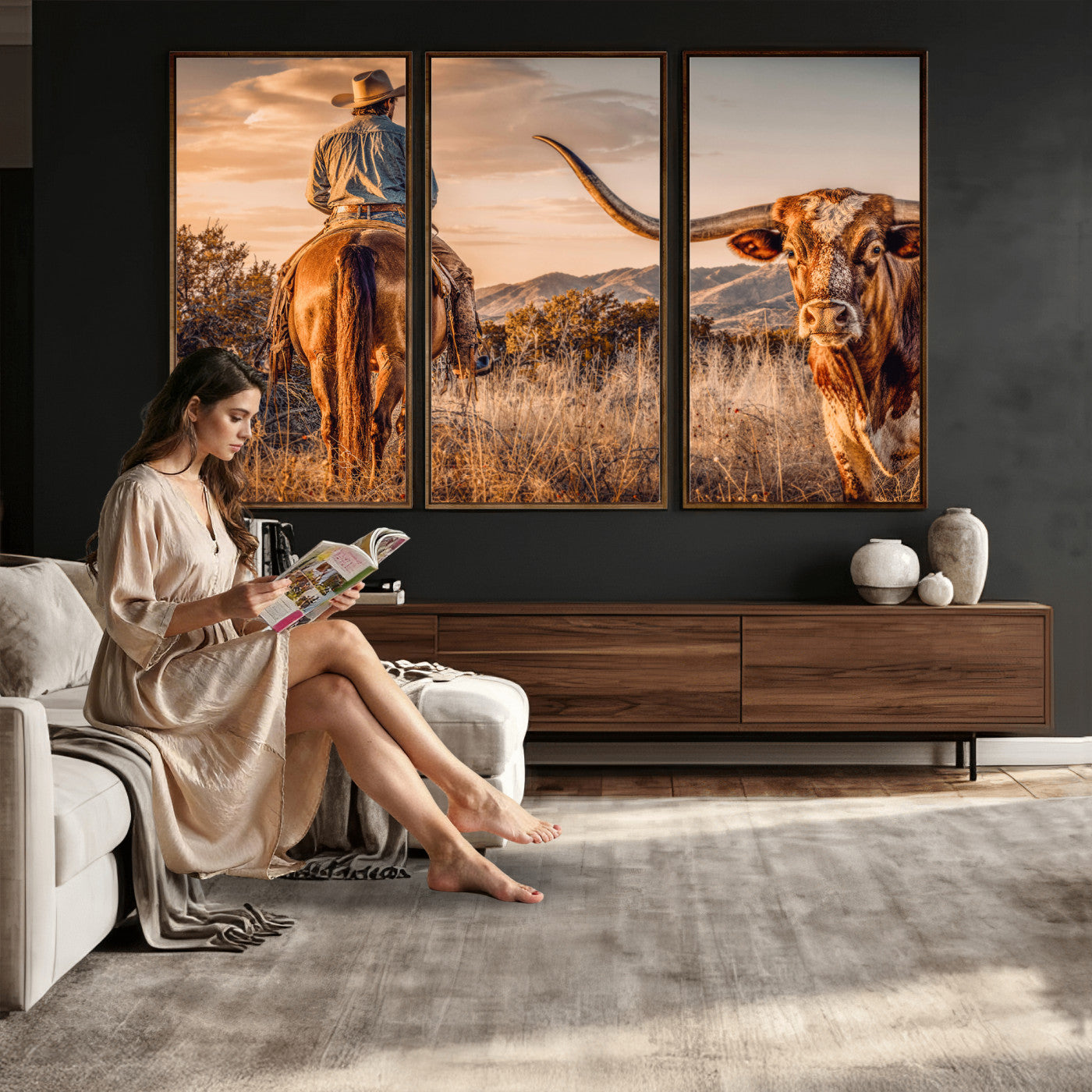 62076449C-MGV-CV-36X24 - Texas Cowboy and Longhorn Bull Print for Western Wall Art Decor for Farmhouse