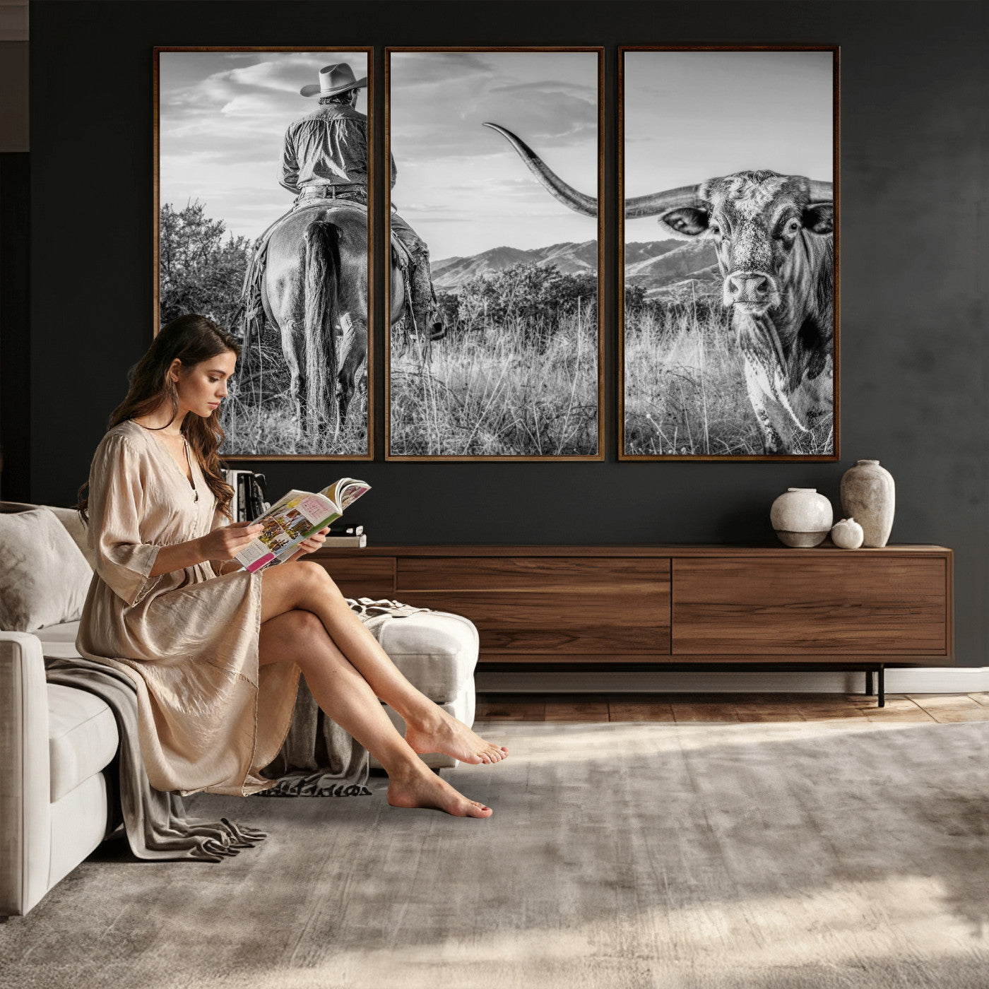 62076449WB-MGV-CV-36X24 - Texas Cowboy and Longhorn Bull Print for Western Wall Art Decor for Farmhouse
