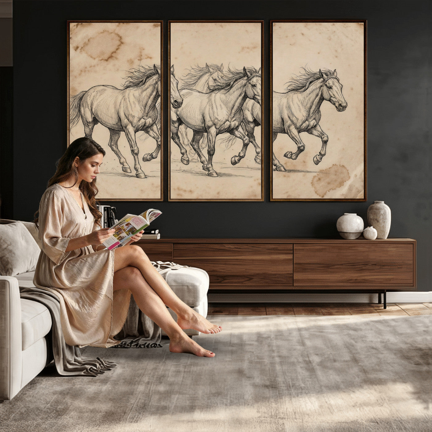 56046981-MGV-CV-36X24 - Sepia Wild Horses Canvas Art, Antique Pencil Drawing Print, Vintage Gallery Wall Decor, Rustic Equestrian Artwork, Traditional Den Gift