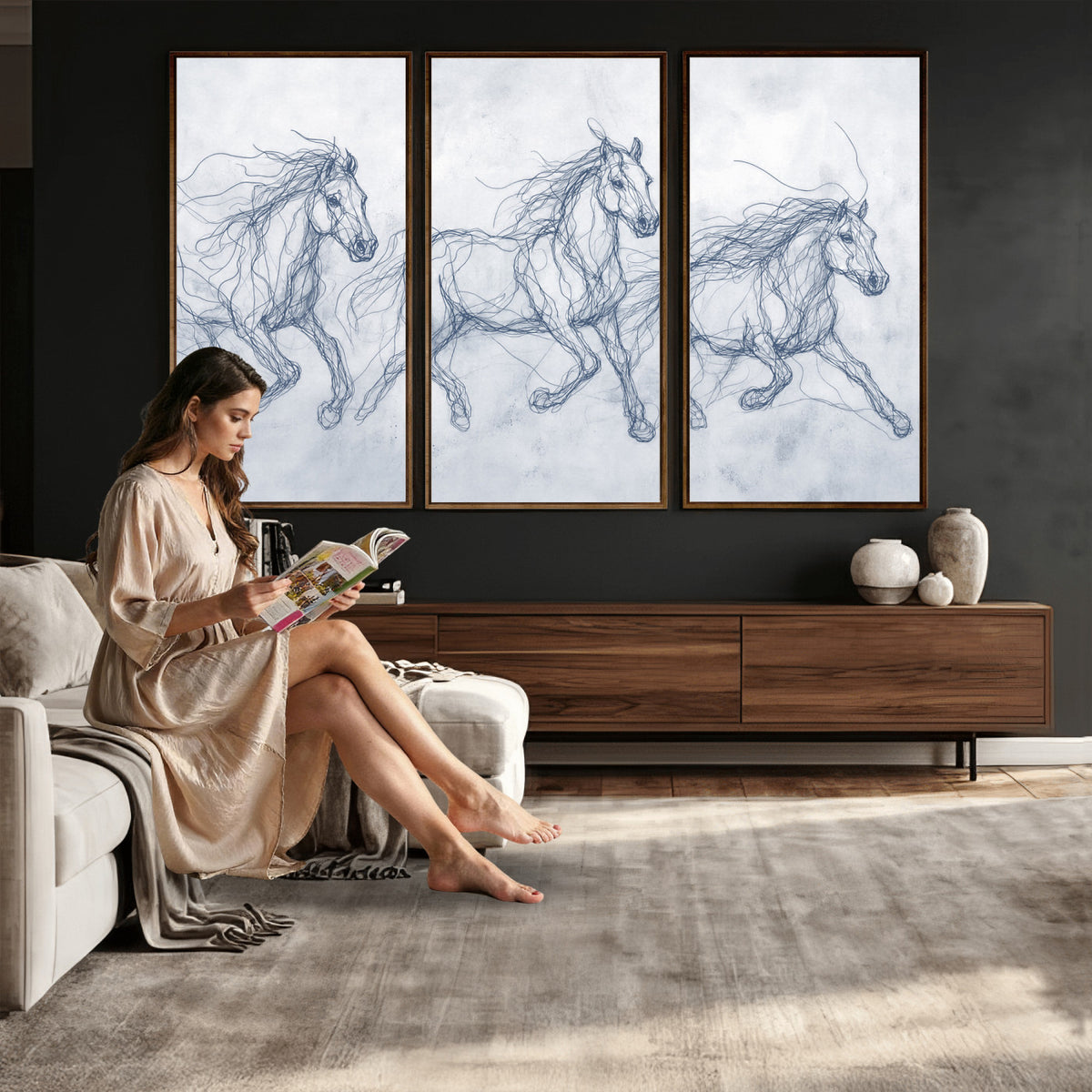 41163601-MGV-CV-36X24 - Indigo Blue Horse Line Art Canvas, Steel Grey Wild Horses Print, Abstract Navy Scribble Artwork, Modern Slate Equine Wall Decor, Coastal Ranch Gift