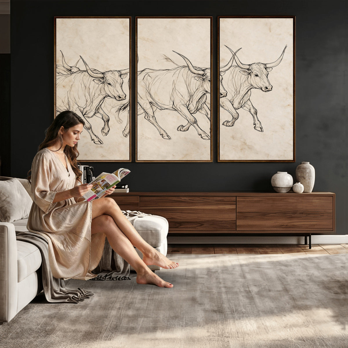 87177621-MGV-CV-36X24 - Minimalist Longhorn Line Art, Modern Texas Bull Canvas Print, Abstract Western Wall Decor, Continuous Line Artwork, Black White Ranch Gift