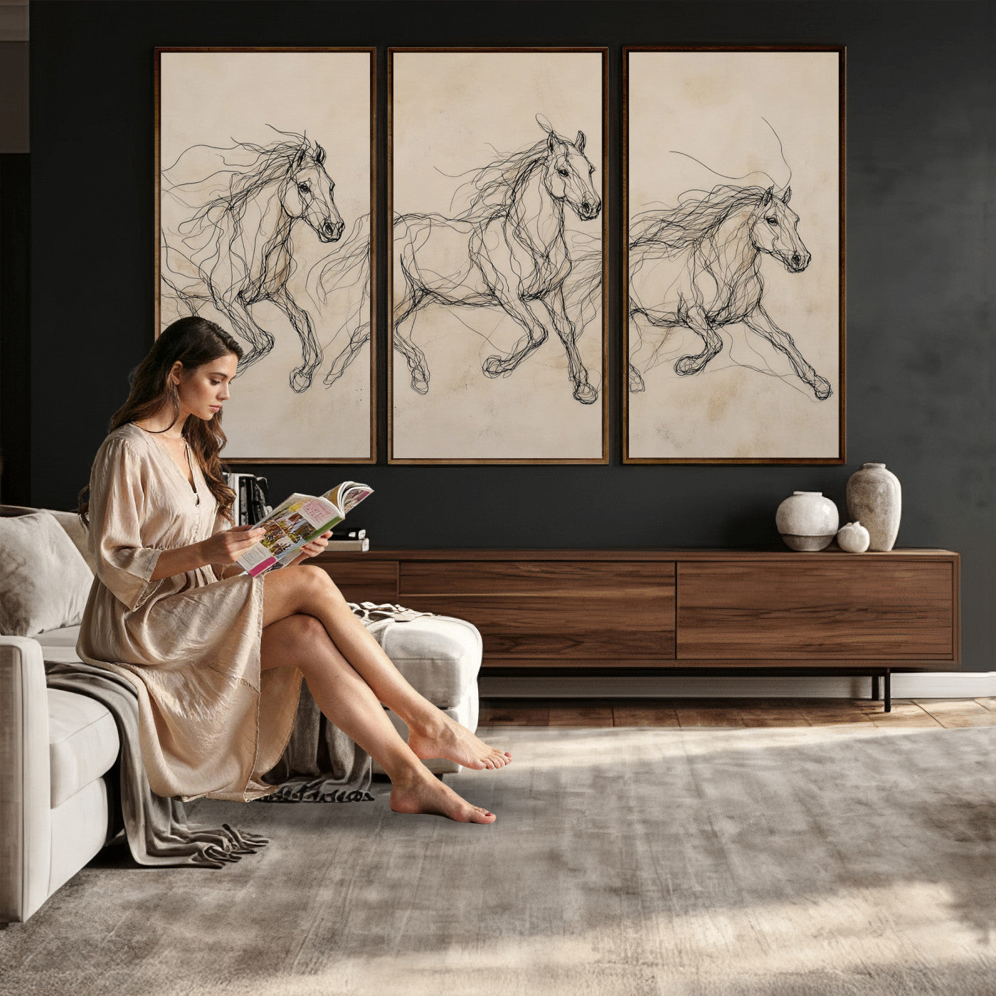81051673-MGV-CV-36X24 - Abstract Horse Line Art Canvas, Gesture Sketch Wild Horses Print, Modern Scribble Artwork, Minimalist Equine Wall Decor, Rustic Studio Gift