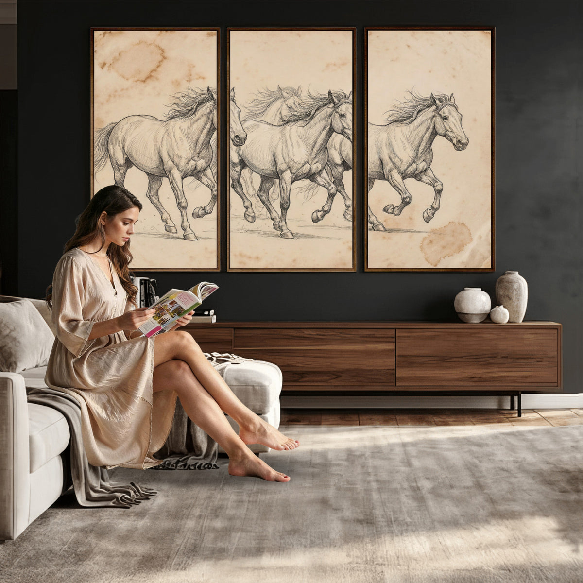 16644391-MGV-CV-36X24 - Vintage Horse Sketch Canvas Wall Art, Wild Horses Pencil Drawing Print, Antique Parchment Western Decor, Equine Sketching, Country Manor Gift