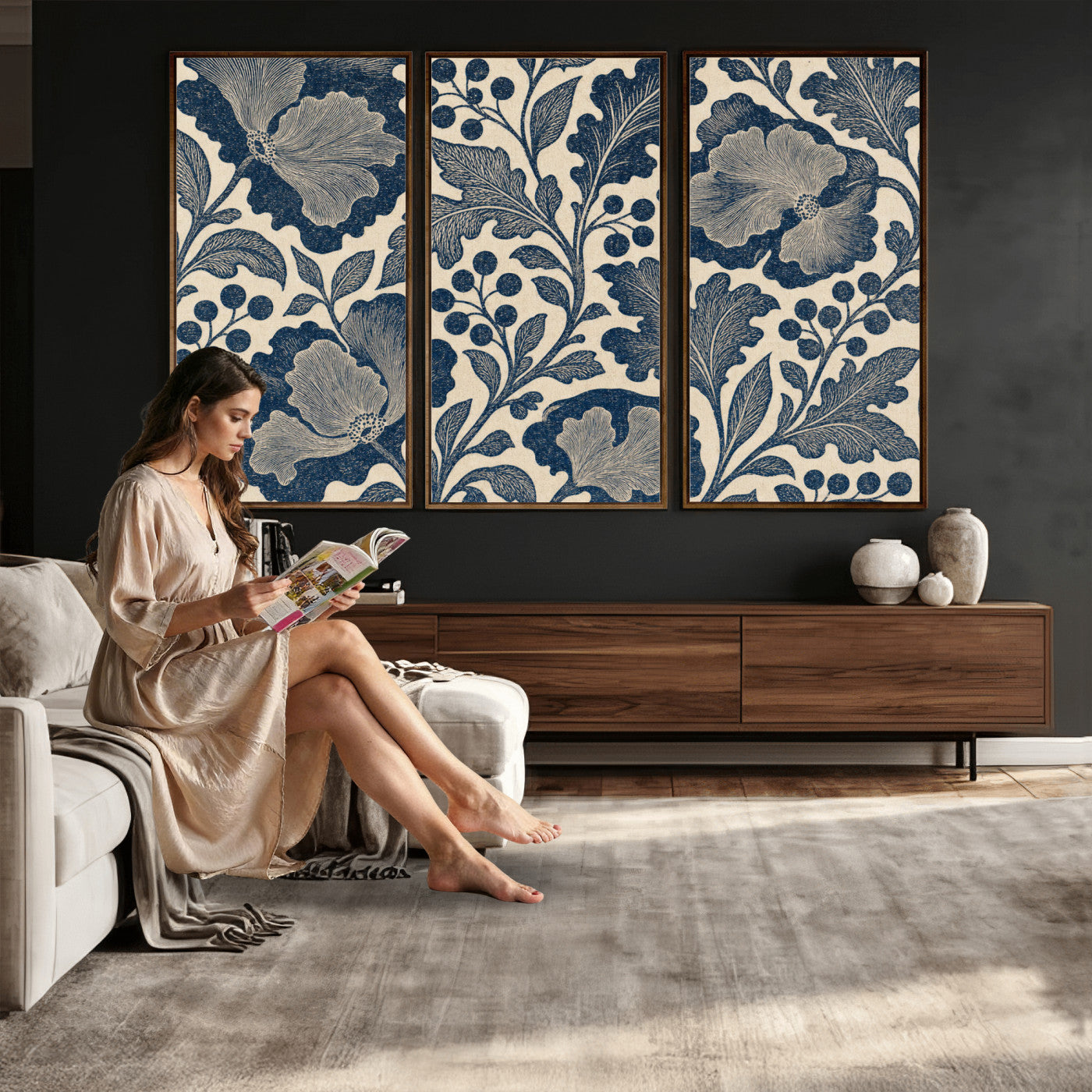 23824002-MGV-CV-36X24 - William Morris Style Navy Blue Floral Wall Art Canvas Print, Vintage Cream Botanical Painting Print