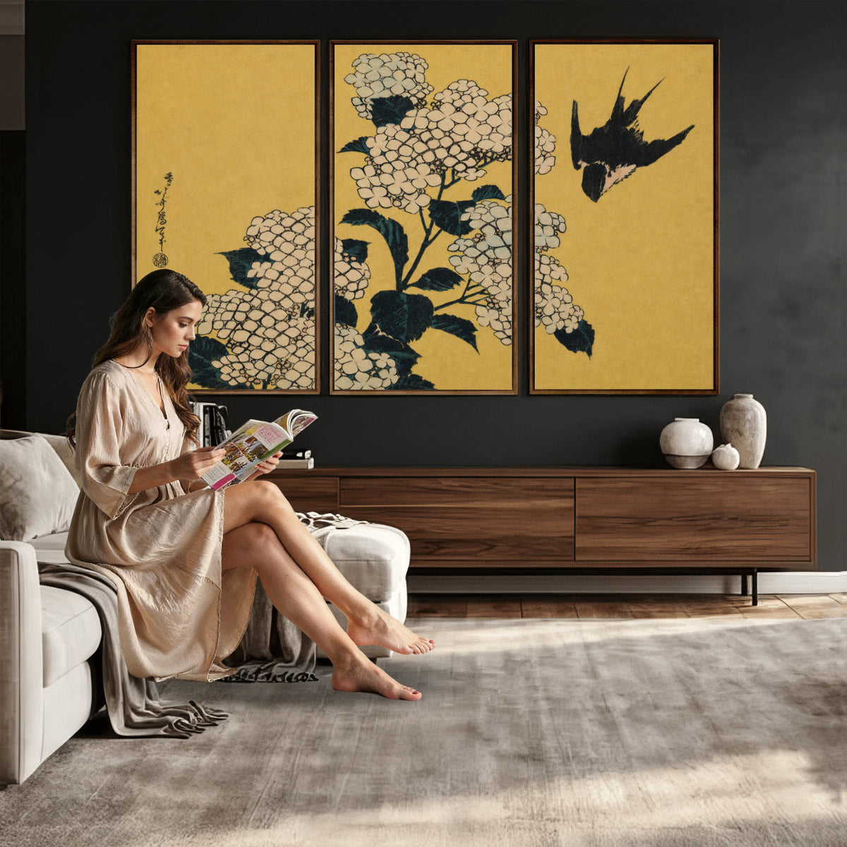 92483501-MGV-CV-36X24 - Katsushika Hokusai Hydrangea and Swallow Wall Art Canvas Print, Japanese Woodblock Painting Print