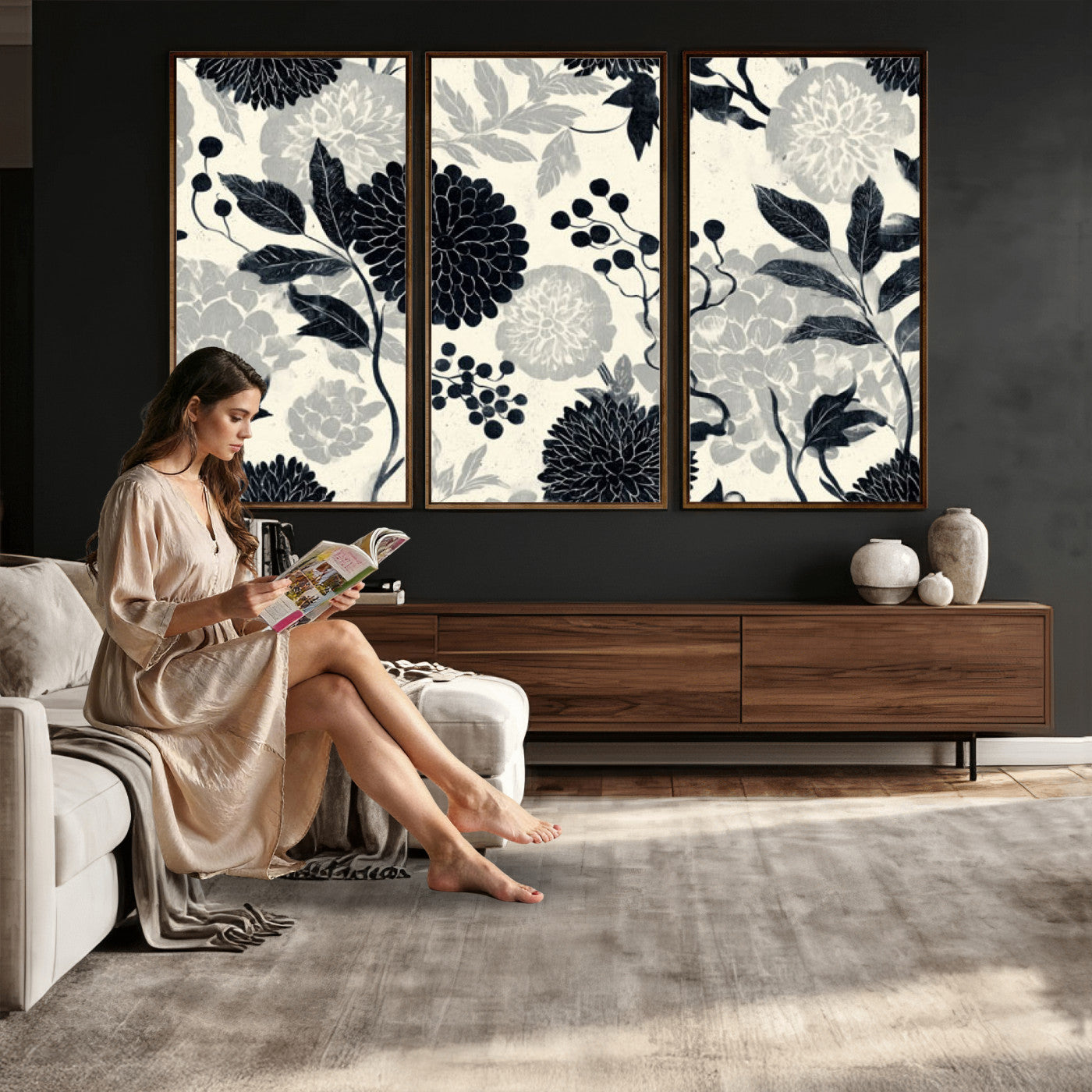 61524791-MGV-CV-36X24 - Vintage Black Chrysanthemum Wall Art Canvas Print, Monochrome Dhalia Floral Painting Print