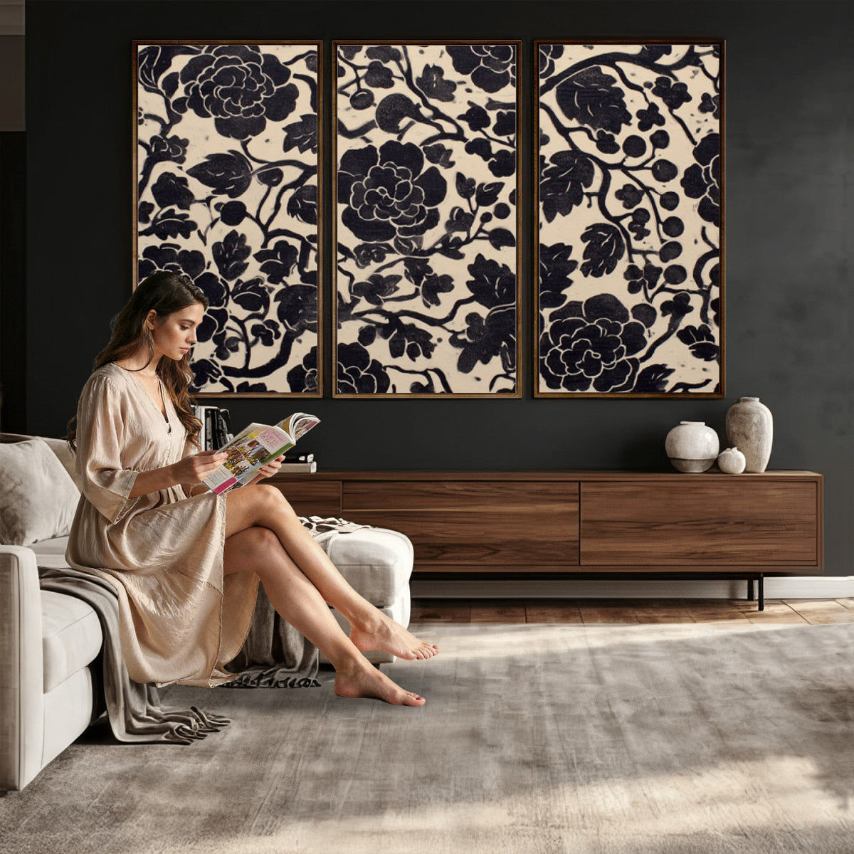 86696255-MGV-CV-36X24 - Vintage Black and Cream Floral Wall Art Canvas Print, Chinoiserie Botanical Painting Print