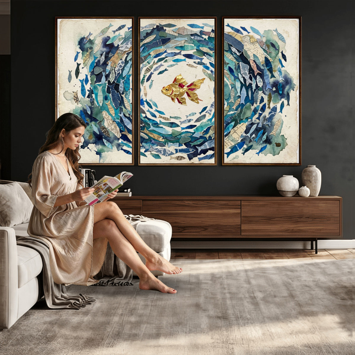 73165663-MGV-CV-36X24 - Mixed Media Blue Fish Swirl Canvas Wall Art, Goldfish Collage Ocean Print