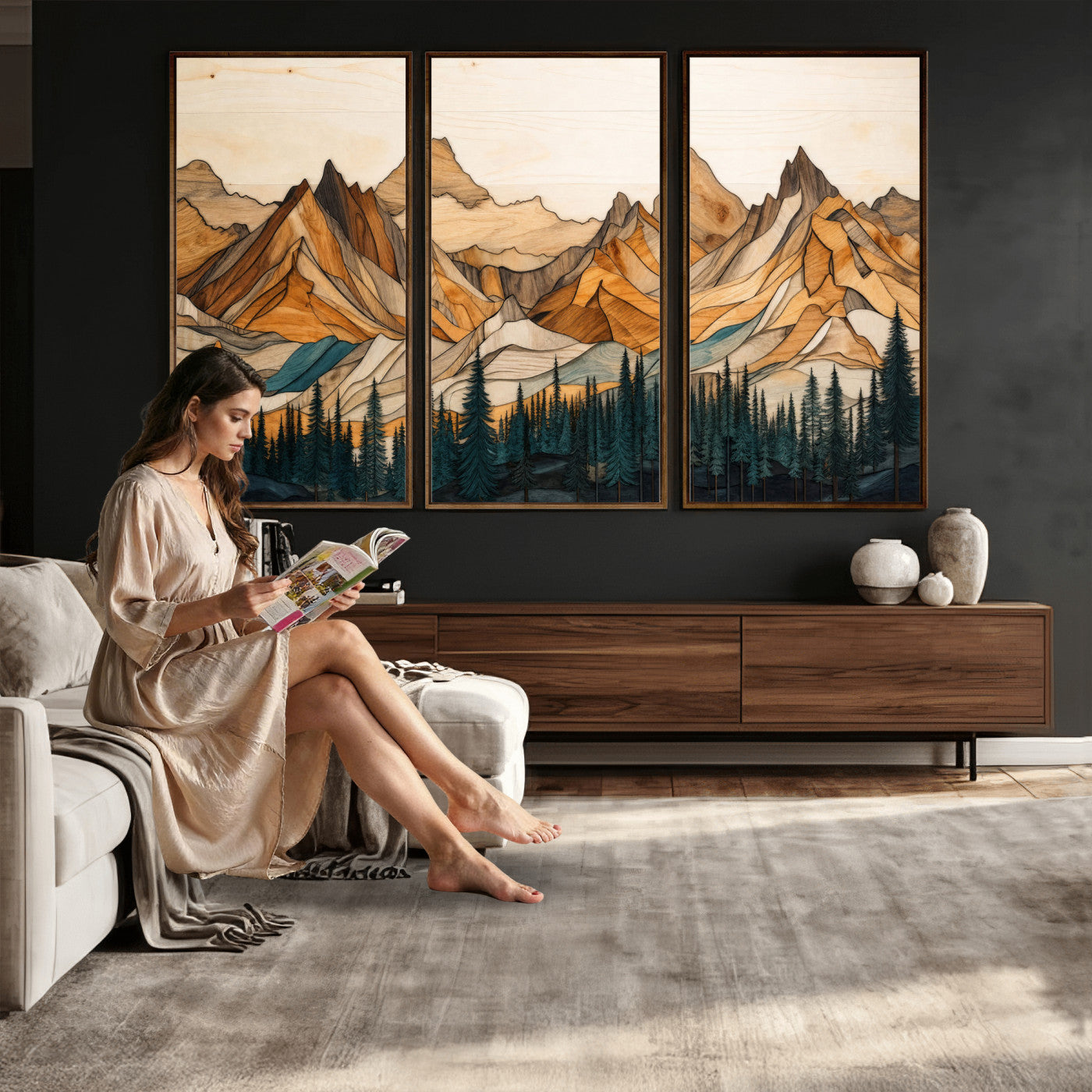 57384313-MGV-CV-48X32-3P - Mountain Landscape Canvas Wall Art with Wood Grain Effect, Golden Peaks and Teal Pine Forest, Framed Cabin Decor
