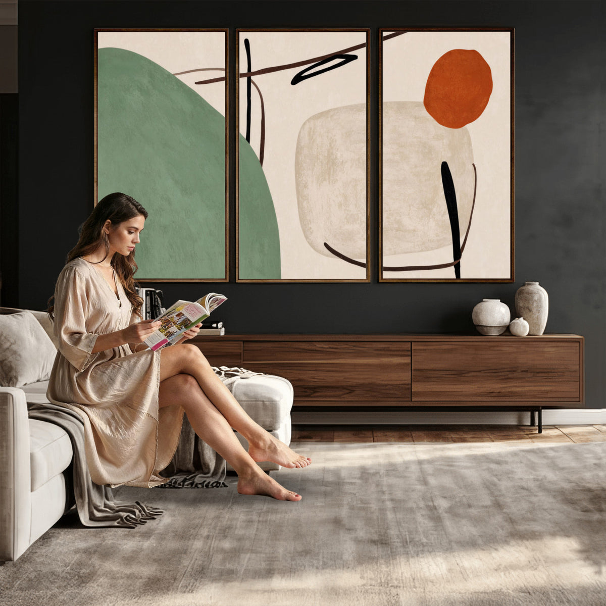 46798824-MGV-CV-48X32-3P - Mid Century Modern Geometric Canvas Wall Art, Abstract Triptych Print