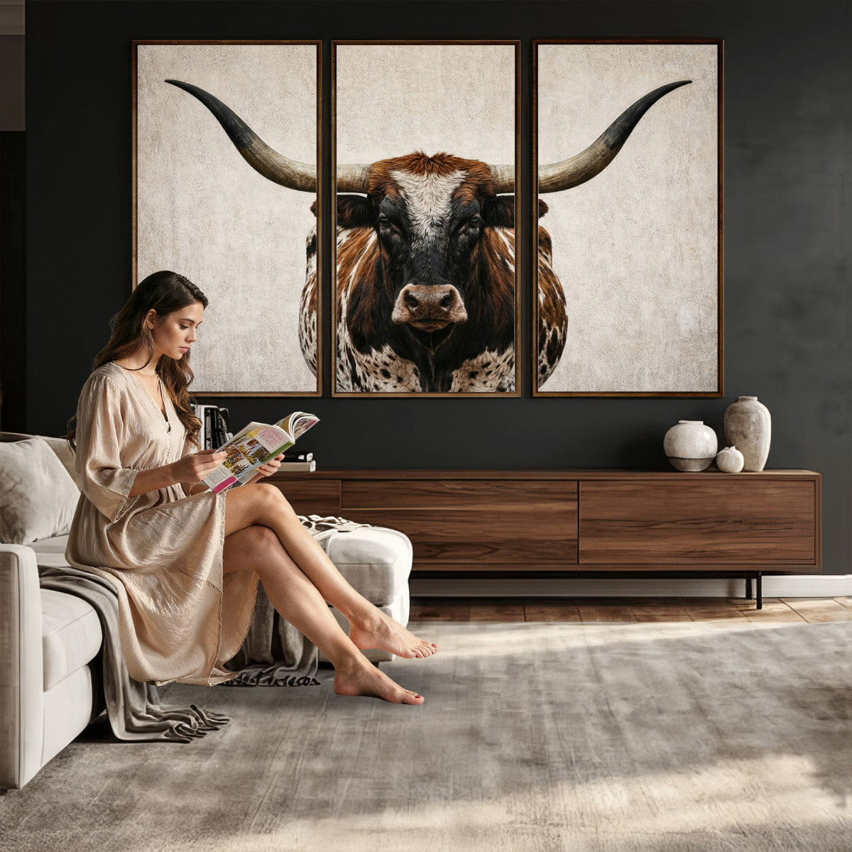 58622065-_Poster-30x20 - Texas Longhorn Canvas Wall Art, Western Bull in a Moody Grey Desert, Rustic Farmhouse Decor for Living Room