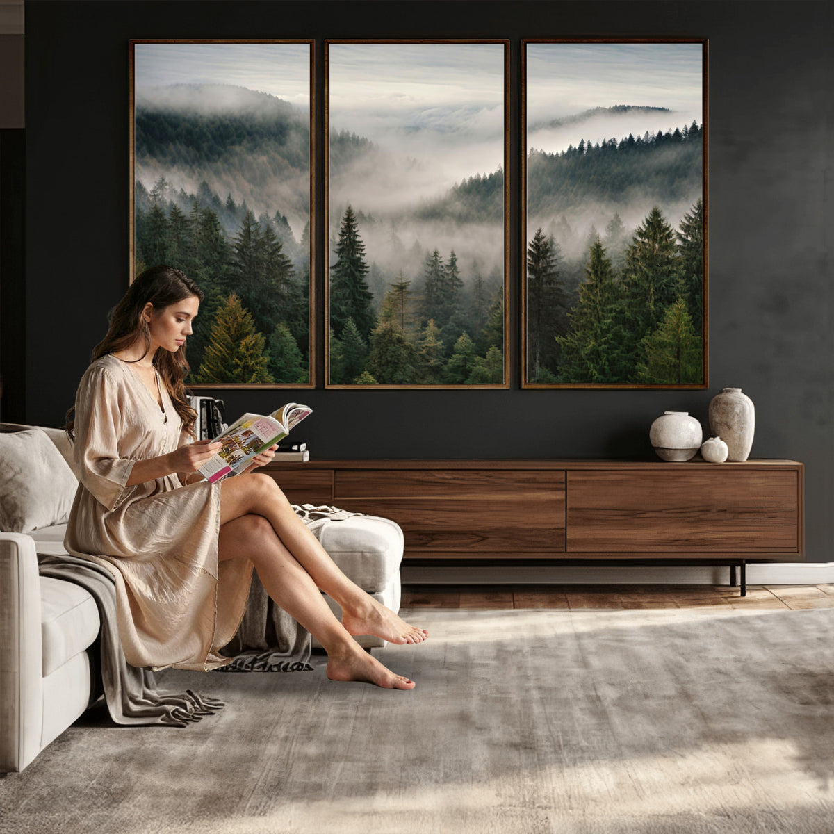 38409495-_Poster-30x20 - Misty Pine Valley Mountain Canvas Print 3 Piece Framed Wall Art Extra Large Floating Frame Nature Poster Made in USA