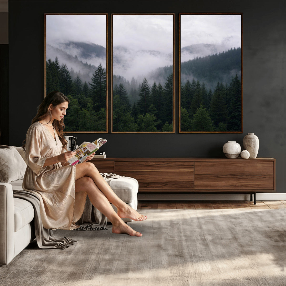 25432119-_Poster-30x20 - Misty Mountain Pine Forest Canvas Print 3 Piece Framed Wall Art Extra Large Floating Frame Nature Poster Made in USA