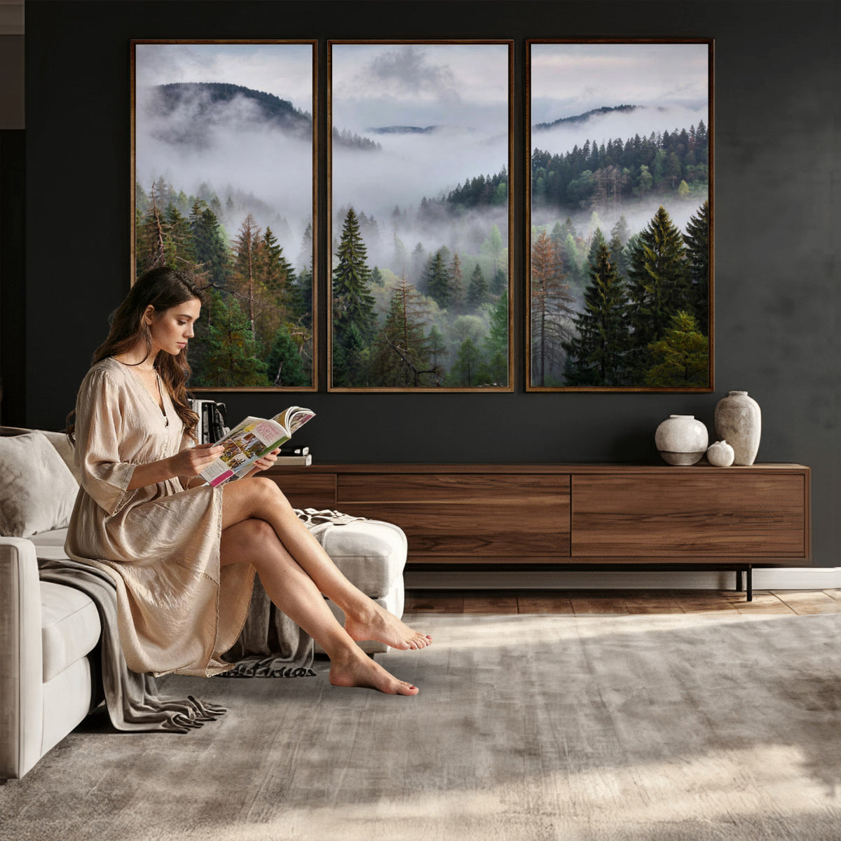 18735847-_Poster-30x20 - Foggy Pine Forest Mountain Canvas Print 3 Piece Framed Wall Art Extra Large Floating Frame Nature Poster Made in USA