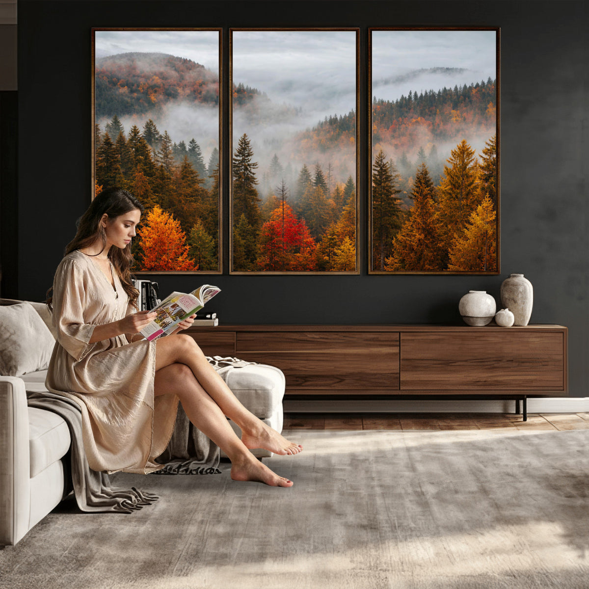 87481341-_Poster-30x20 - Foggy Autumn Mountain Canvas Print Smoky Pine Forest Wall Art Panoramic Nature Poster 3 Piece Made in USA