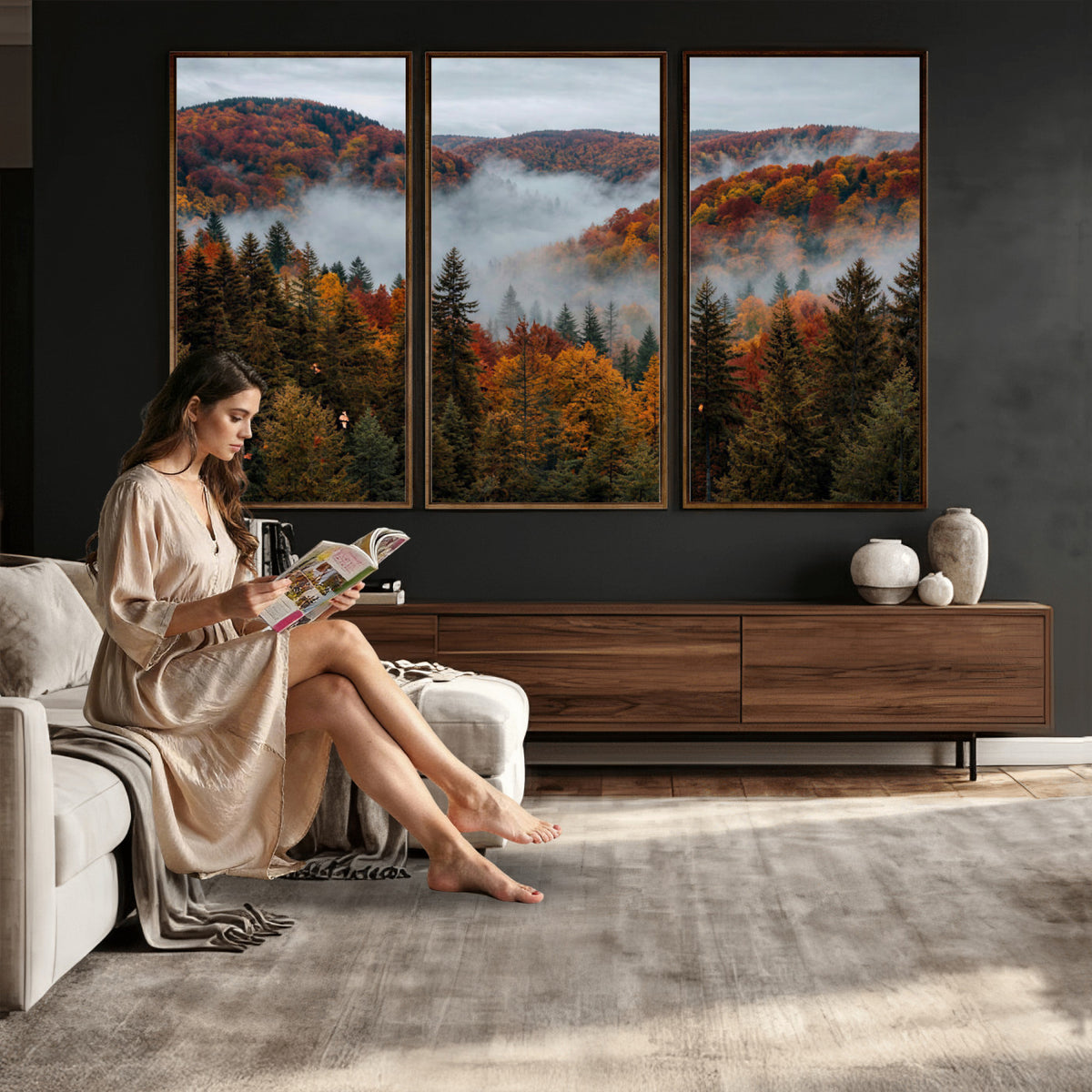 26686263-_Poster-30x20 - Misty Autumn Forest Mountain Canvas Print 3 Panel Wall Art Gallery Wrapped Floating Frame Poster Made in USA
