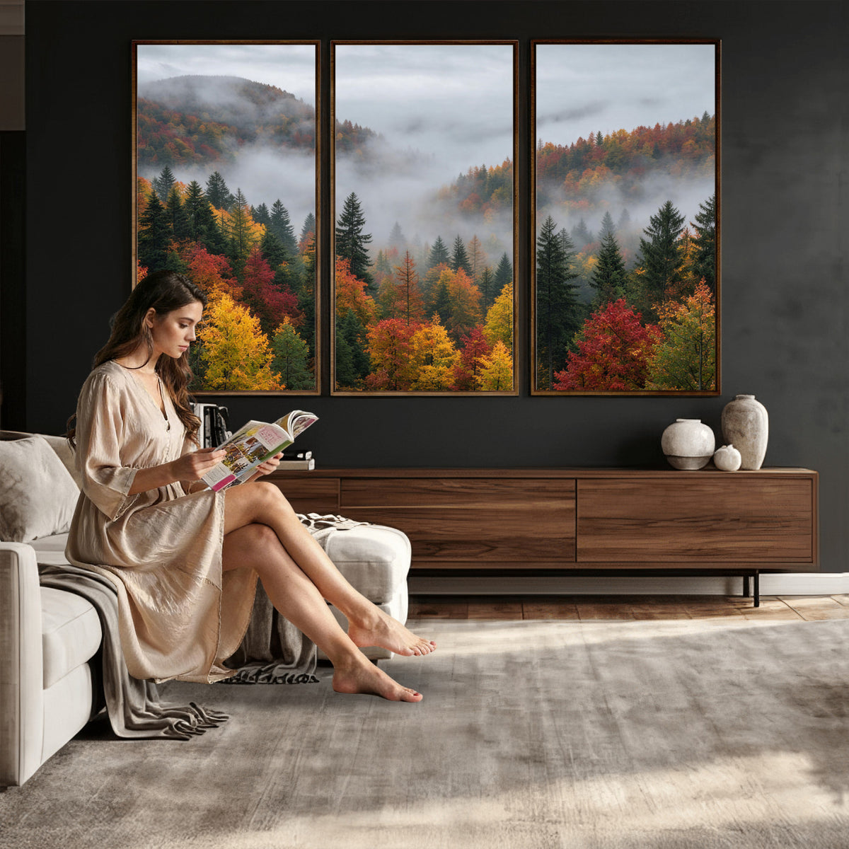 47877083-_Poster-30x20 - Fall Forest Misty Mountain Canvas Print Smoky Mountain Landscape Wall Art Autumn Trees Nature Poster Printing