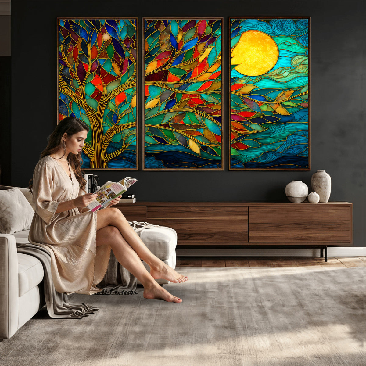 11877152-MGV-CV-36X24 - Stained Glass Tree Of Life Wall Art - Vibrant Mosaic Nature Home Decor
