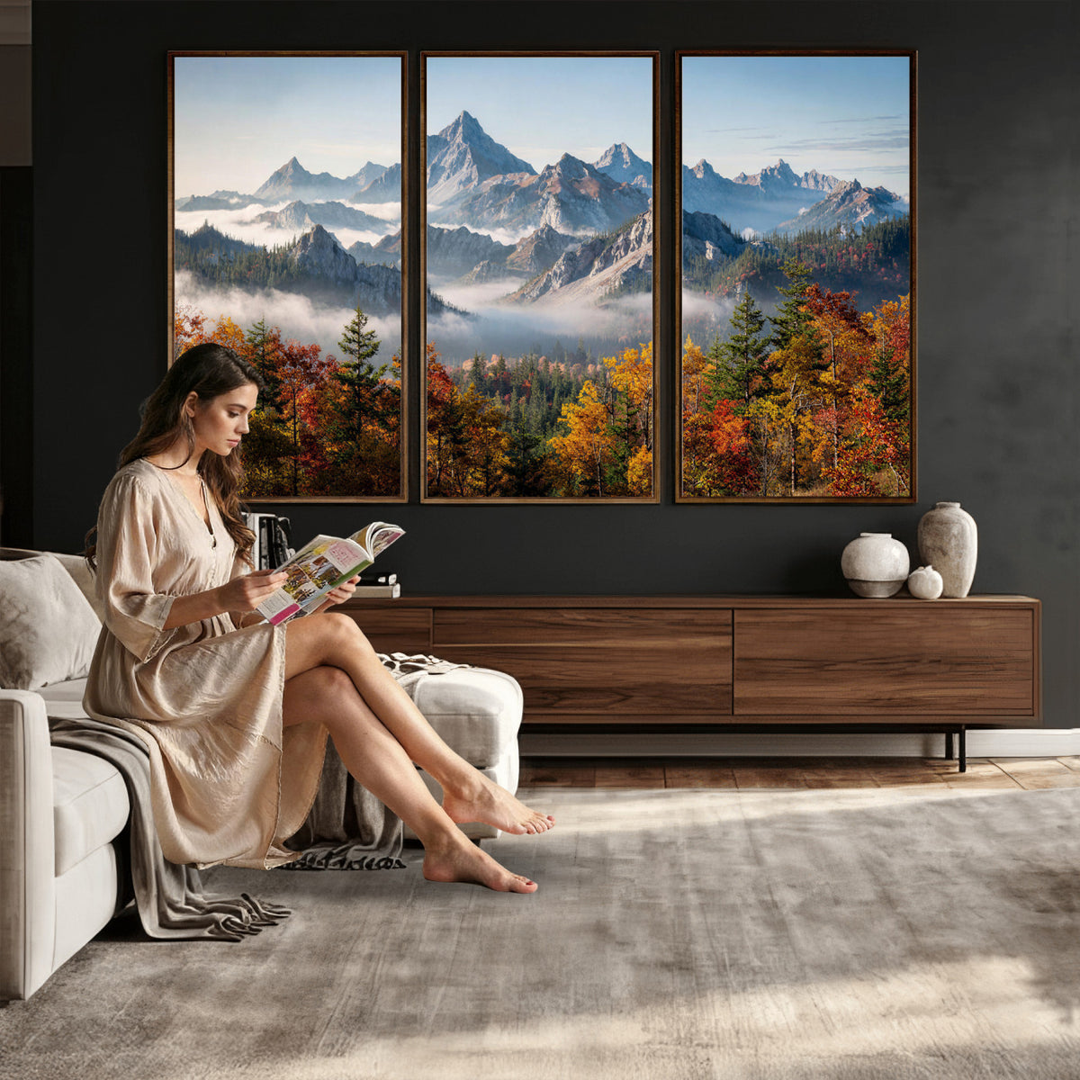 38847944-MGV-TP-30X20 - Majestic Mountain Peak Canvas Wall Art - Panoramic Autumn Forest Fog Landscape Print