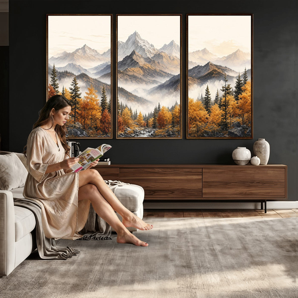 21309099-_Poster-30x20 - Extra Large Misty Mountain Autumn Forest Canvas Wall Art - Watercolor Fall Nature Landscape Print