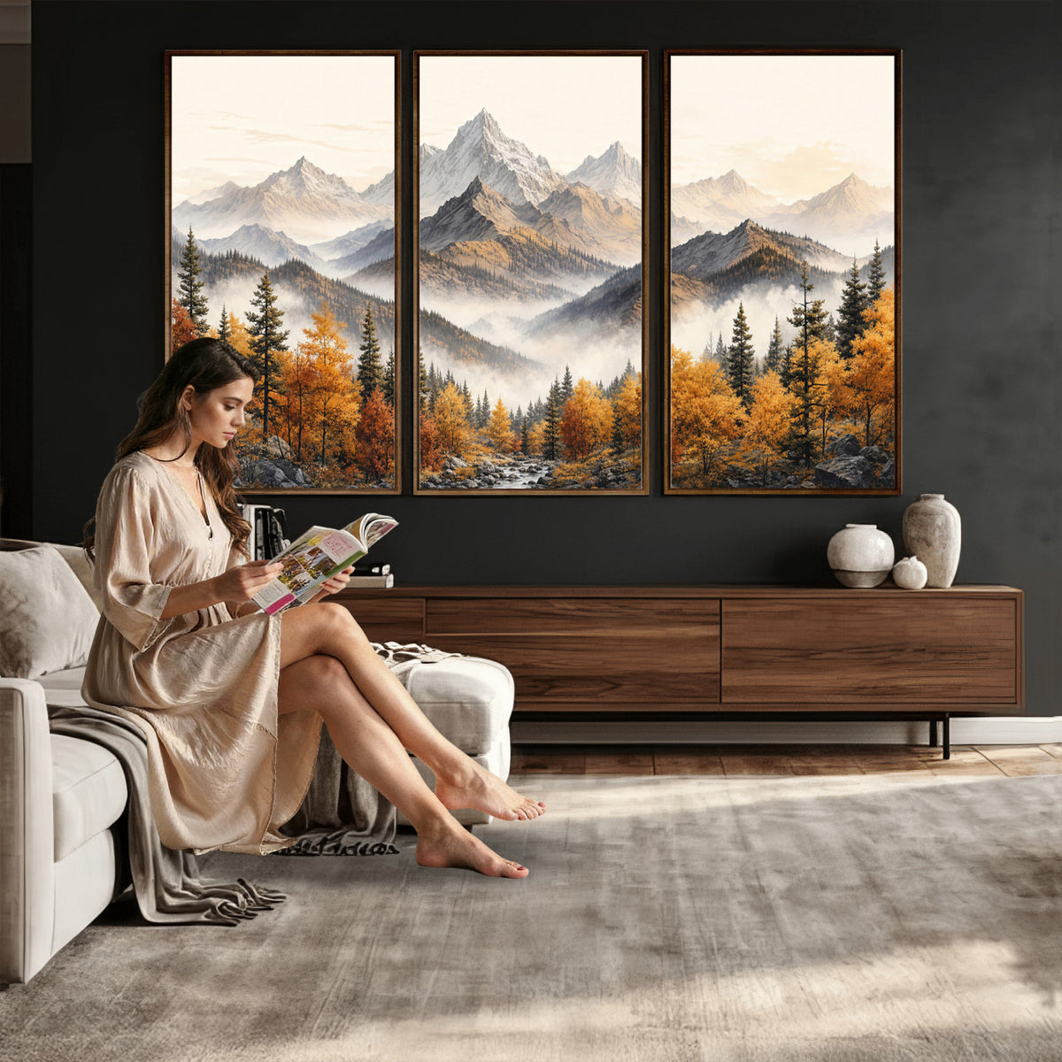 21309099-MGV-TP-30X20 - Extra Large Misty Mountain Autumn Forest Canvas Wall Art - Watercolor Fall Nature Landscape Print