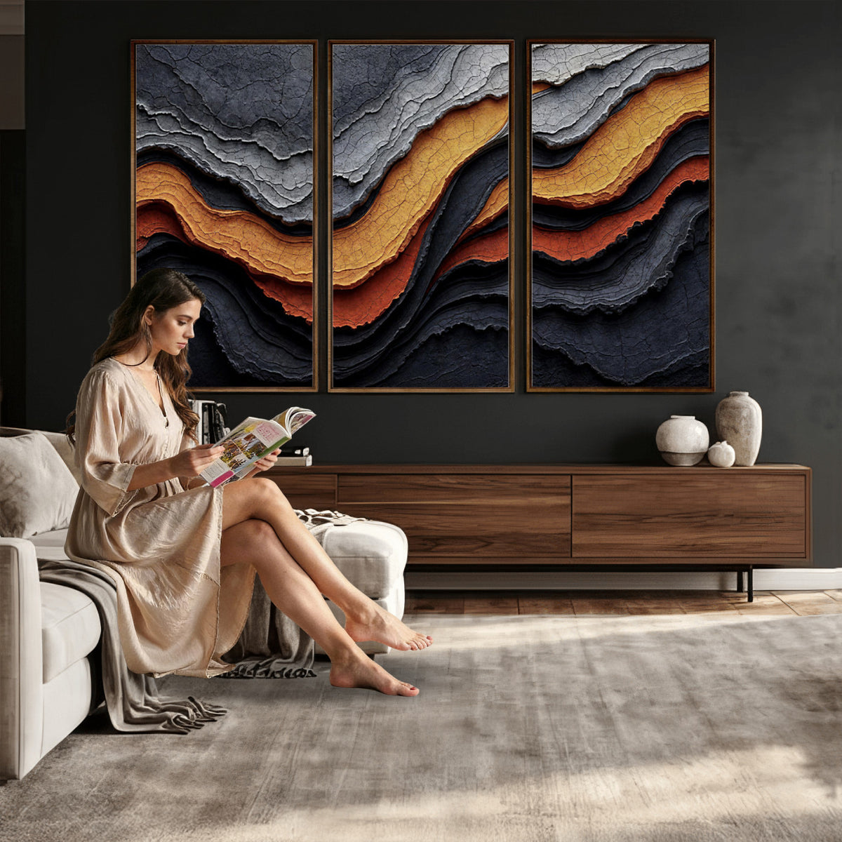 59852489-MGV-CV-36X24 - Abstract Waves Canvas Wall Art - Modern Terracotta and Charcoal Gray Print