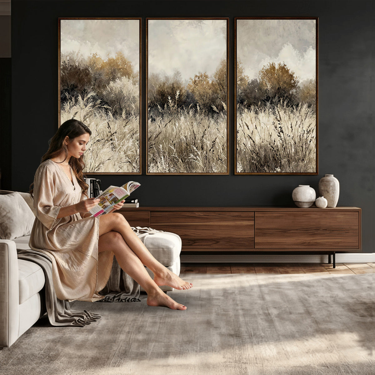 53959945-MGV-TP-30X20 - Muted Neutral Forest Landscape Canvas Wall Art - Vintage Rustic Wildflower Meadow Print