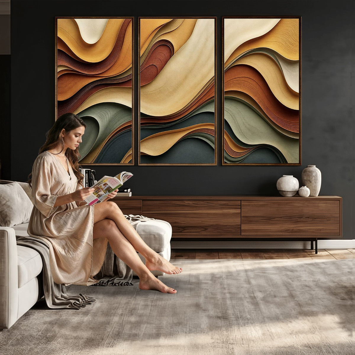 19337902-_Poster-30x20 - Modern Abstract Waves Canvas Wall Art - Minimalist Earthy Tone Living Room Decor