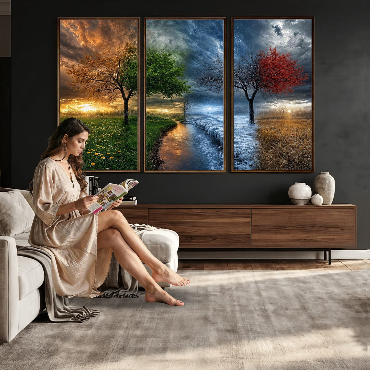 61895574-MGV-CV-24X16 - Four Seasons Tree Canvas Wall Art, Nature Landscape Canvas Print for Living Room