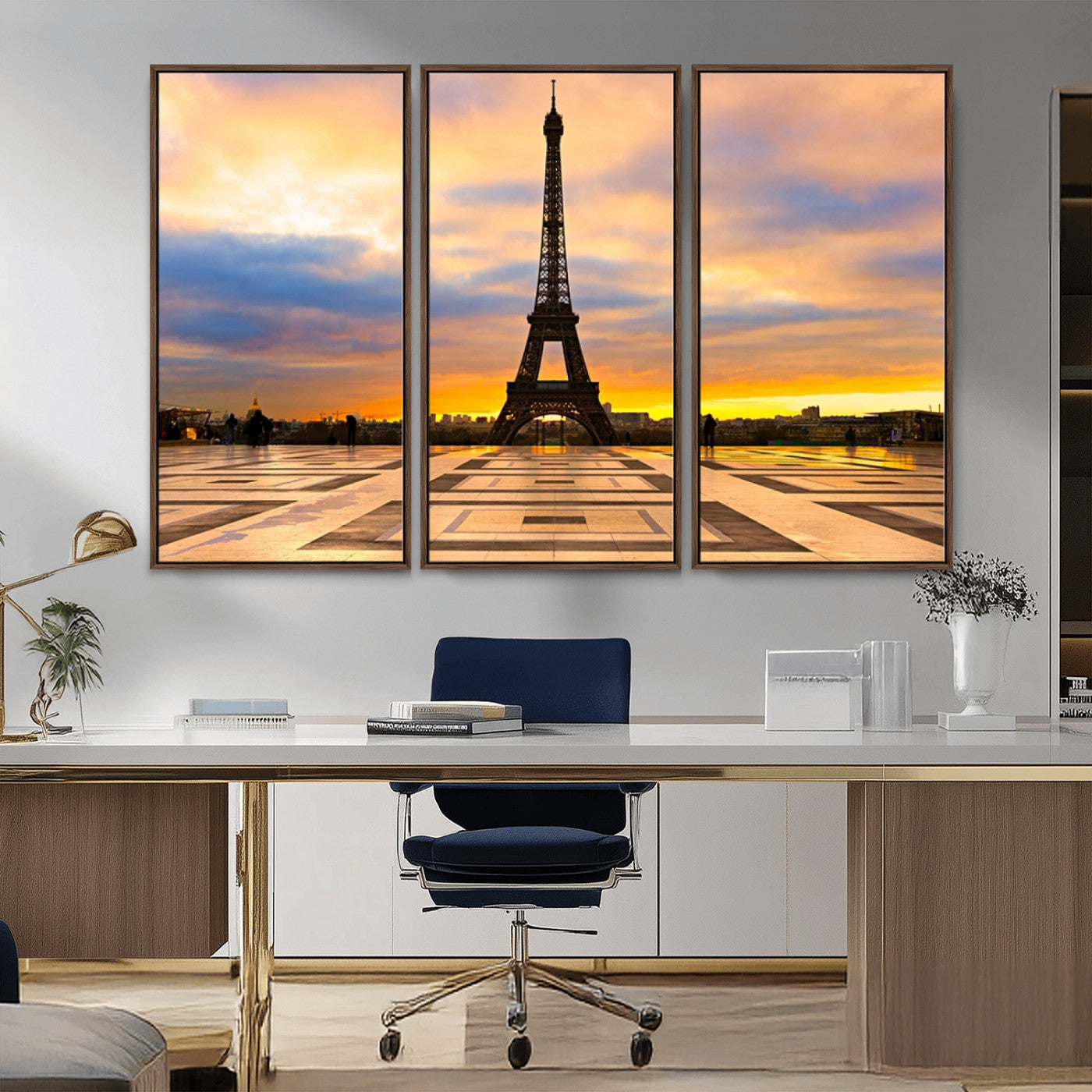 MGV-FC-48X32-3P - Paris Eiffel Tower Sunset Canvas Wall Art Print - Iconic Landmark Decor with Vibrant Colors