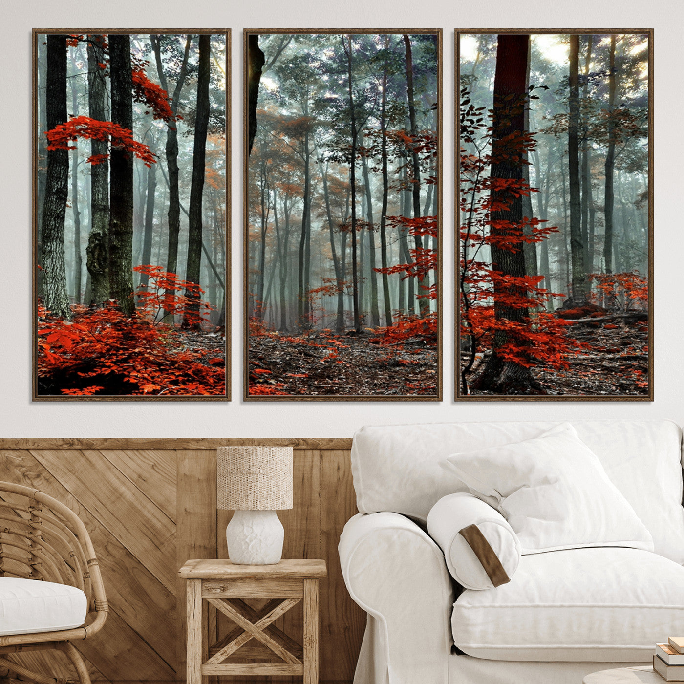 59209-MGV-CV-36X24-Autumn Forest Canvas Wall Art – Enchanting Red Leaves Triptych Print – Nature-Inspired Decor for Living Room or Office – Ready to Hang