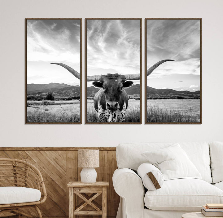 Modern living room featuring Longhorn Cow Wall Art Canvas Print.