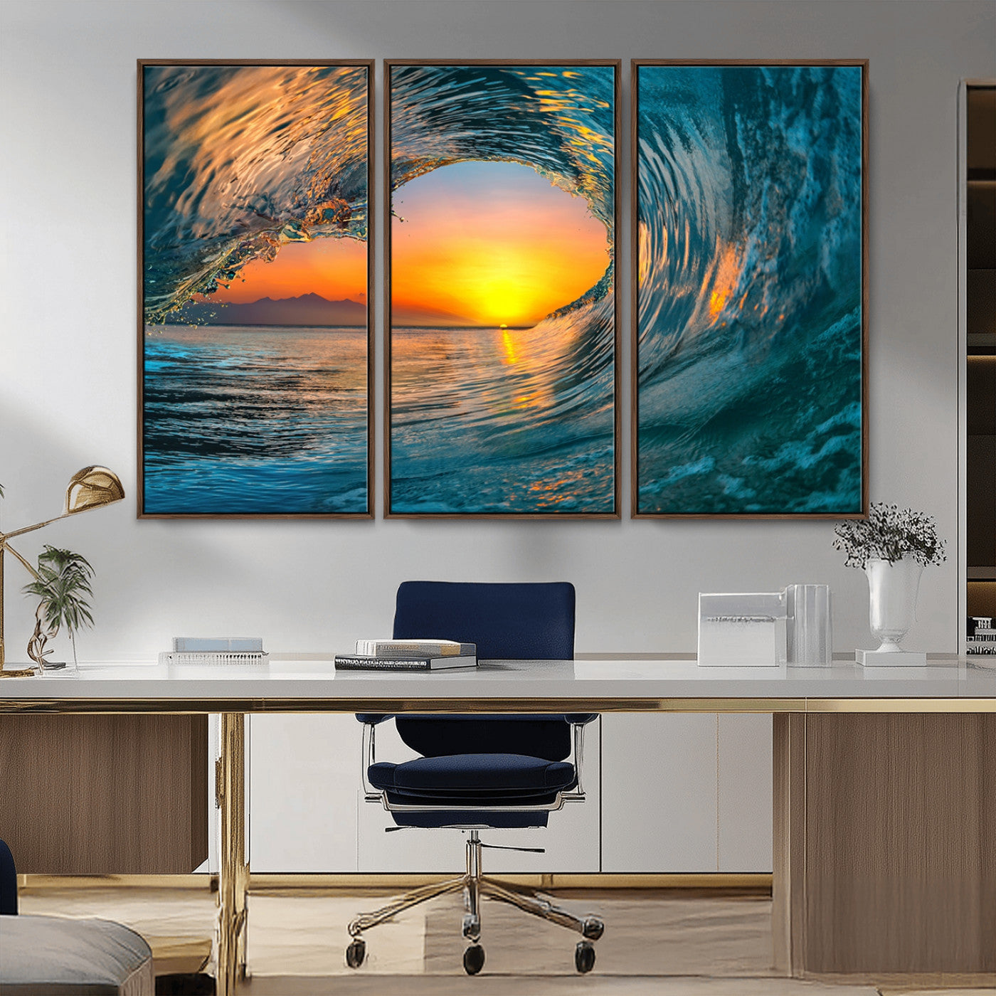 MGV-FC-48X32-3P - Ocean Wave Sunset Wall Art | Large Coastal Wave Canvas Print | 3-Panel Ocean Sunset Seascape for