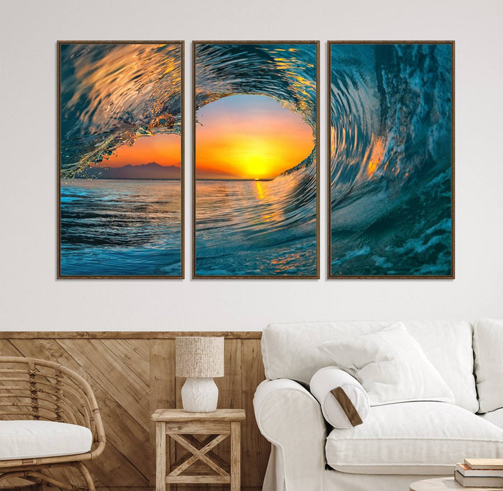 The Ocean Wave Sunset Wall Art canvas print features a vibrant ocean wave at sunset, forming a tunnel with silhouetted mountains.