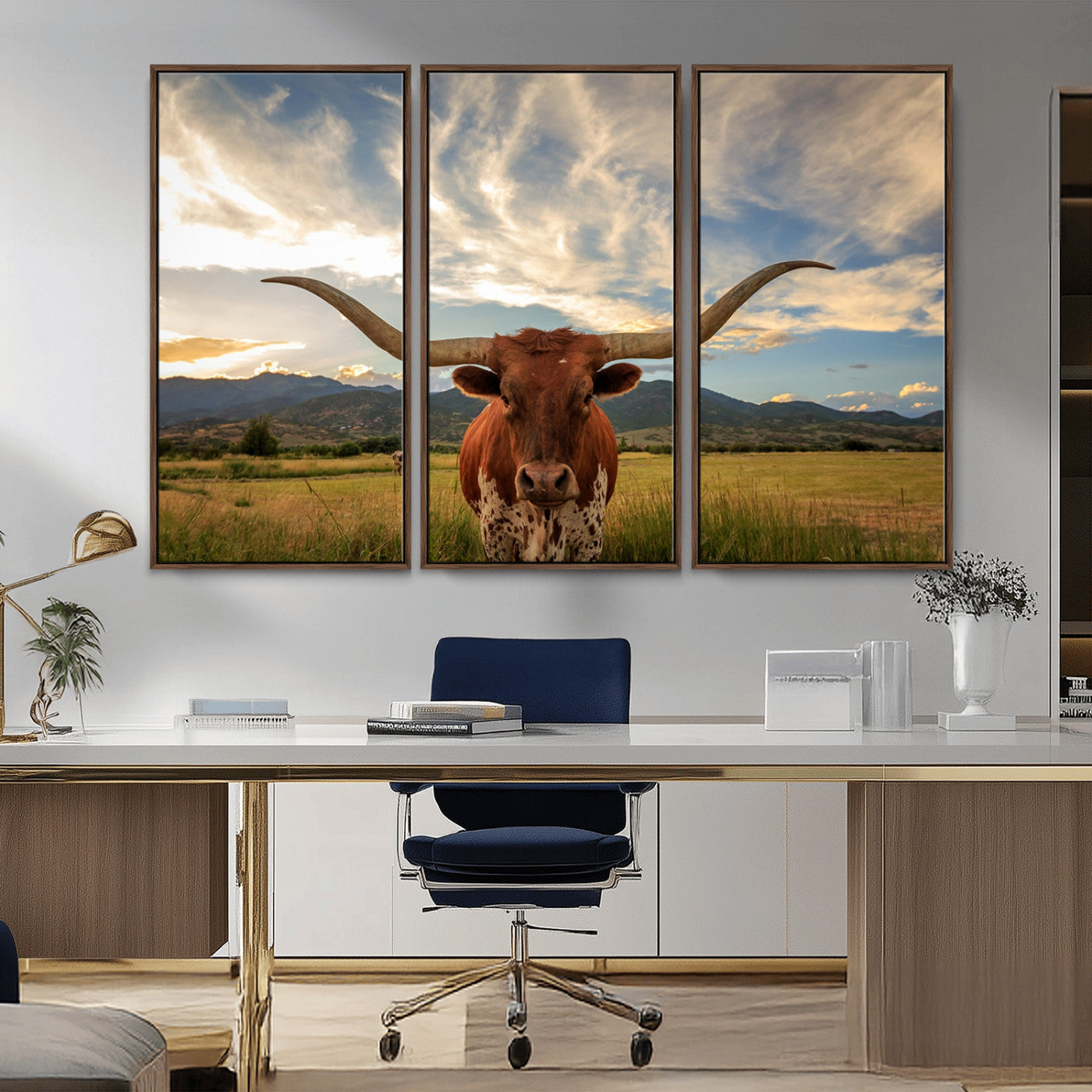 MGV-FC-48X32-3P - Texas Longhorn Canvas Wall Art – Majestic Triptych Animal Print – Rustic Western Decor for Living