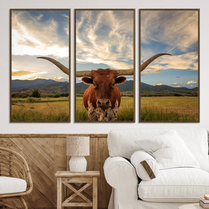 Texas Longhorn Canvas Wall Art – Majestic Triptych Animal Print – Rustic Western Decor for Living Room or Office – Ready to Hang