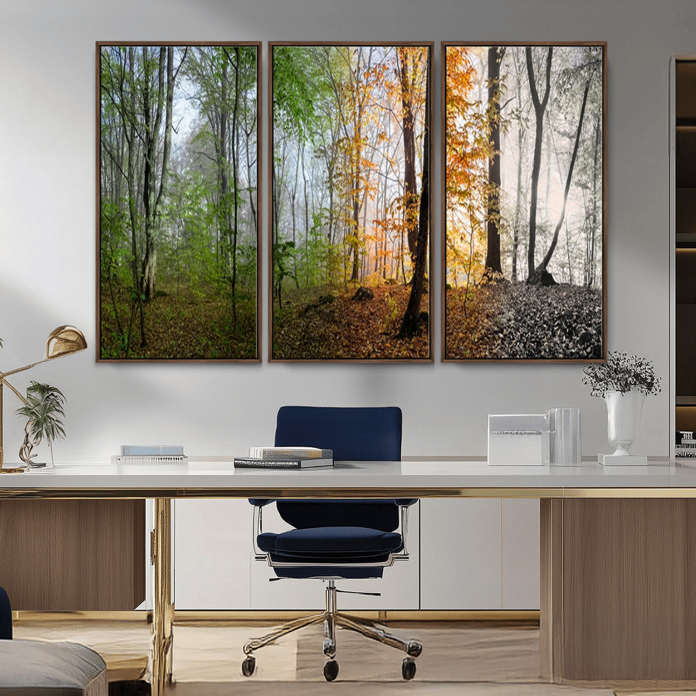 MGV-FC-48X32-3P - Four Seasons Wall Art Forest Canvas Print – Triptych Seasonal Nature Print – Landscape Decor for
