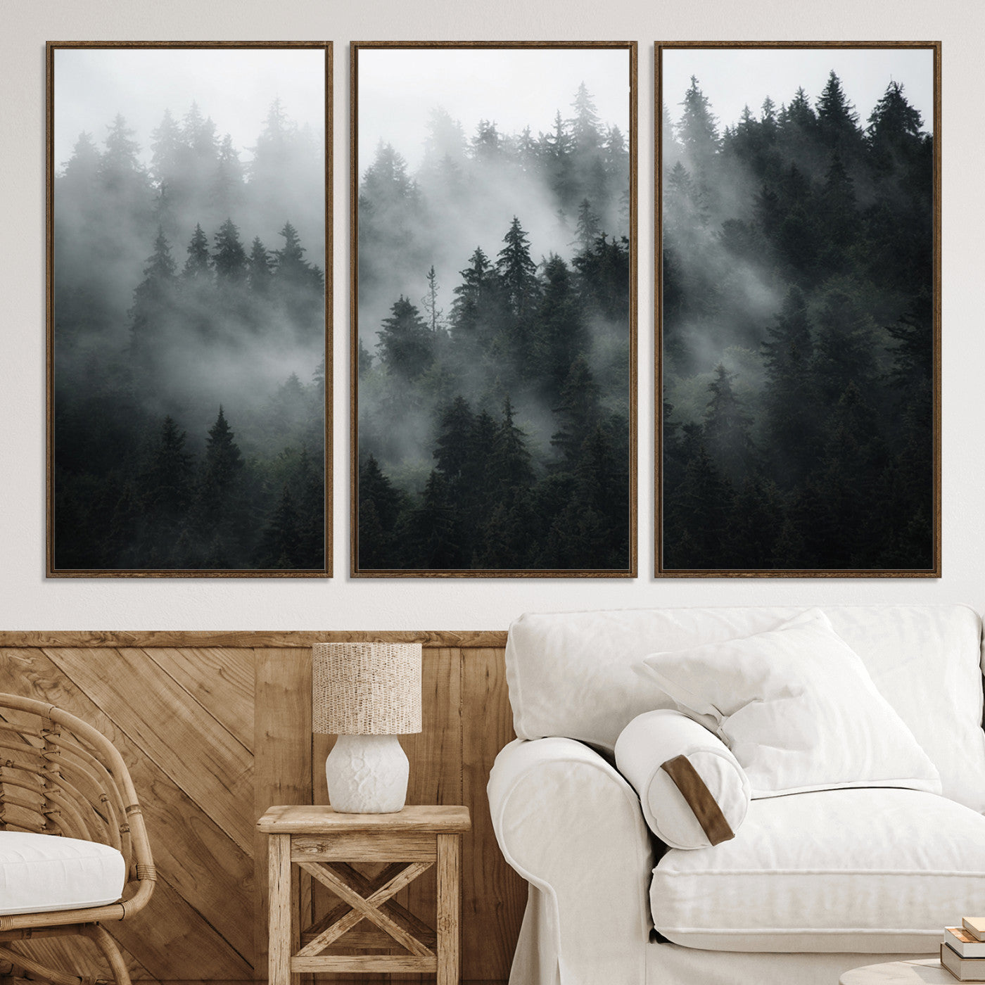 52359-MGV-CV-36X24-Foggy Forest Wall Art Canvas Print | 3 Panel Large Misty Landscape for Dining Room, Office, or Living Room | Ready to Hang Nature Deco