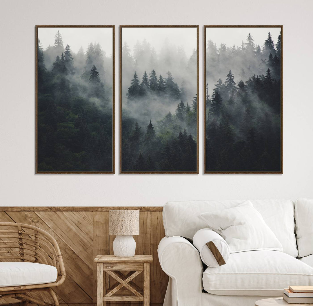 The Serene Triptych Print features tall evergreens, creating a mysterious and calming atmosphere.