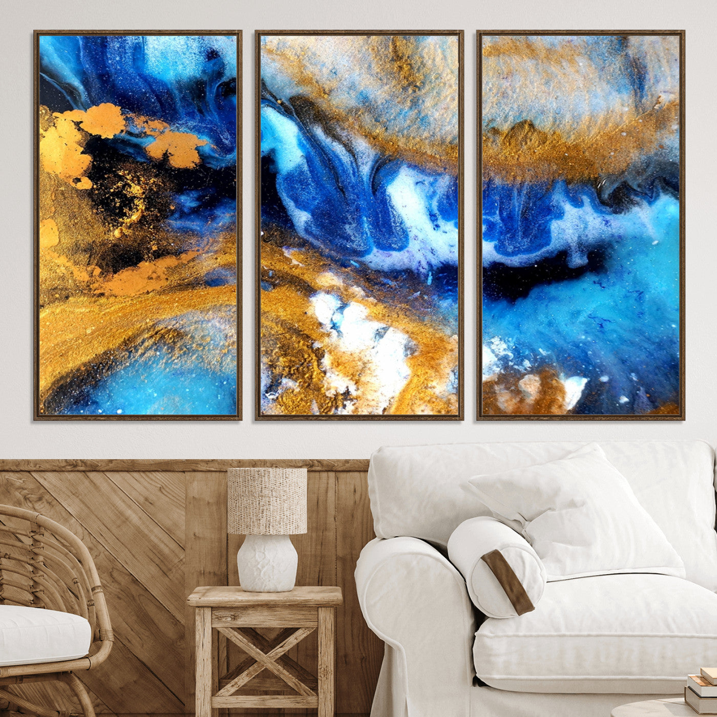 42100-MGV-CV-36X24-Blue Orange Marble Fluid Effect Canvas Wall Art Print
