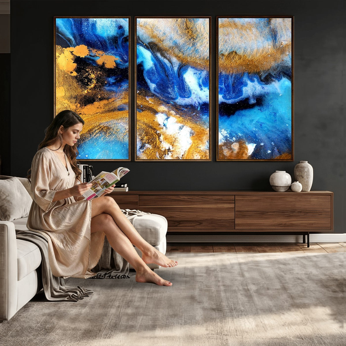 42100-_Poster-30x20 - Large Abstract Wall Art Print | Gold and Blue Abstract Canvas Wall Art