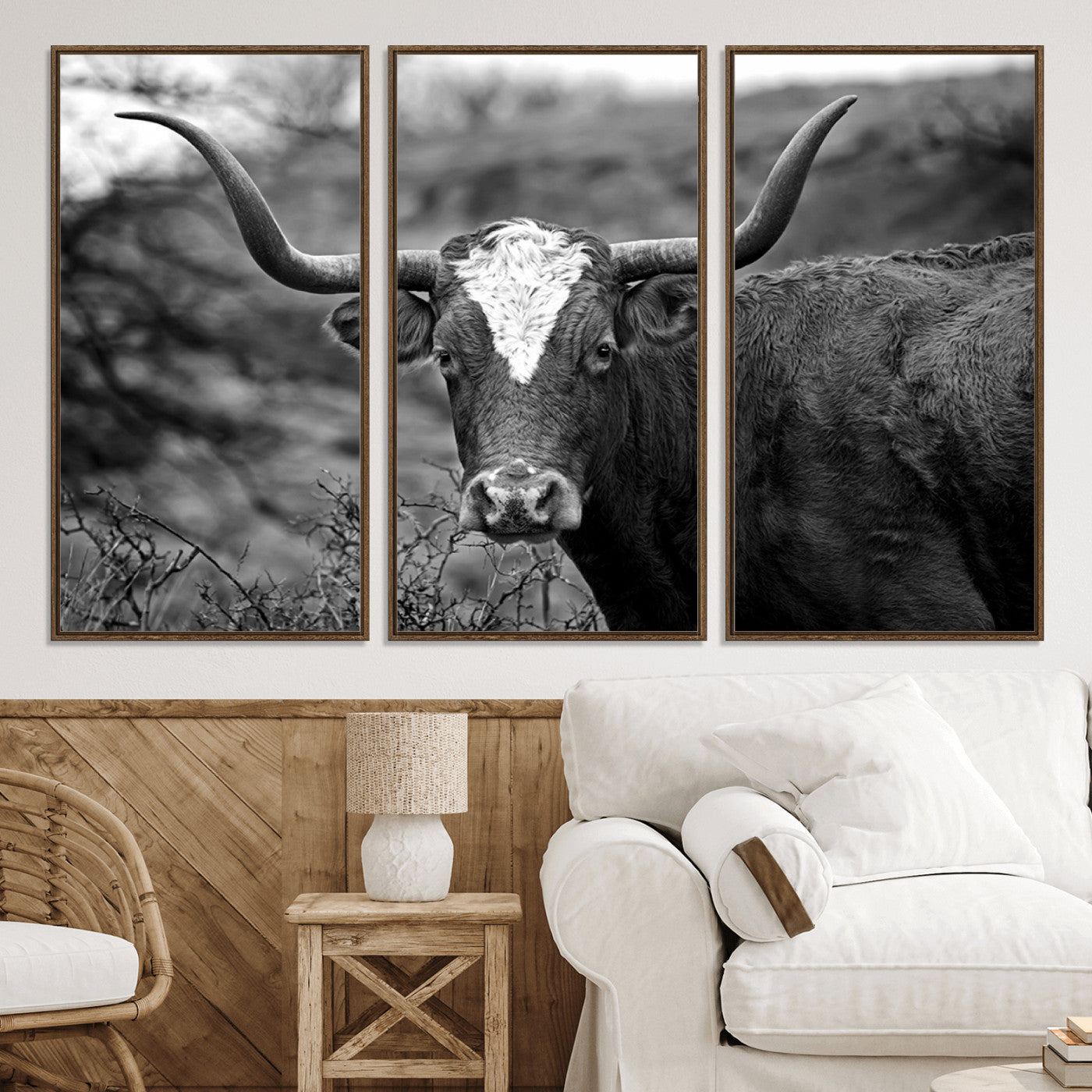 76200-MGV-CV-36X24-Western Home Wall Art Canvas Print, Framed Texas Longhorn Art Picture Print, Rustic Cow Perfect Rustic Farmhouse Decor Artwork