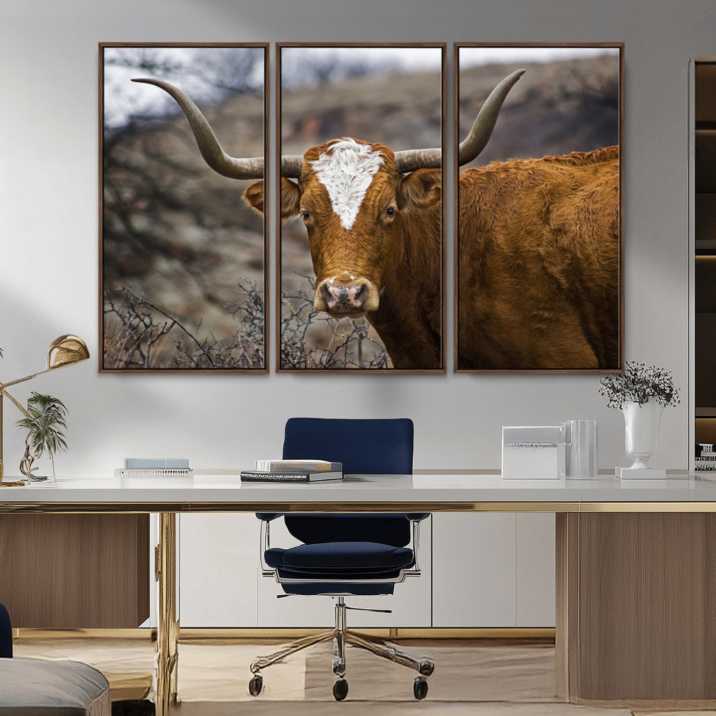 MGV-FC-48X32-3P - Texas Longhorn Canvas Wall Art - Longhorn Steer Canvas Wall Art Print- Rustic Western Animal Print,