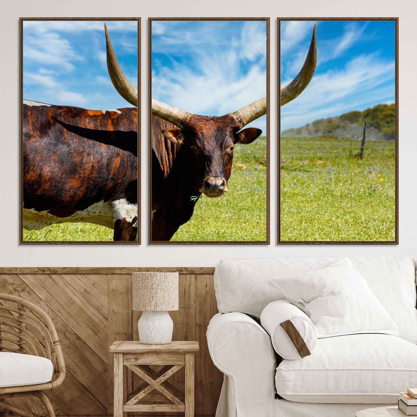 47037-MGV-CV-36X24-Longhorn and Cow Wall Art, Country Cow Wall Decor Canvas Print